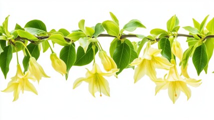 Obraz premium A beautiful ylang-ylang flower vine with fragrant blossoms, isolated against a white backdrop.