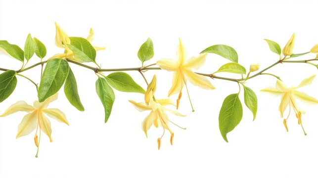 A beautiful ylang-ylang flower vine with fragrant blossoms, isolated against a white backdrop.