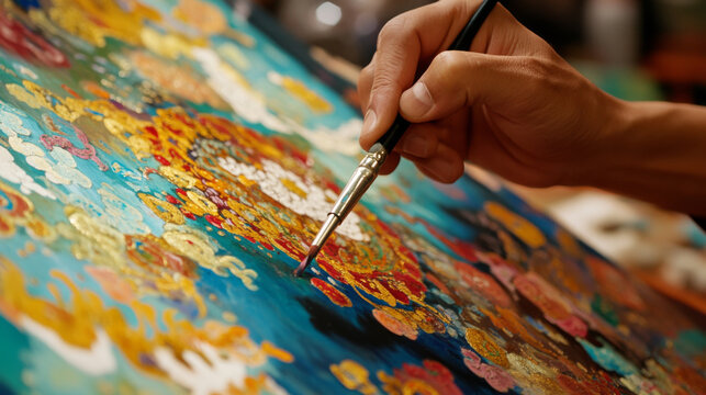 A Tibetan artist painting a thangka, with vibrant colors and intricate details coming to life on the canvas