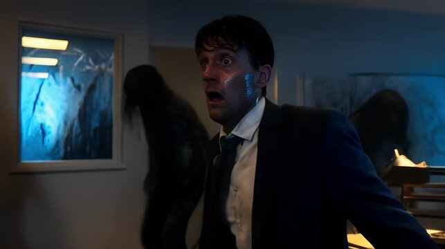 Terrified businessman in dark office with Zombie outbreak silhouettes during Halloween night, post apocalyptic horror scene