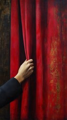 hand pulling back red curtain, theatrical reveal concept