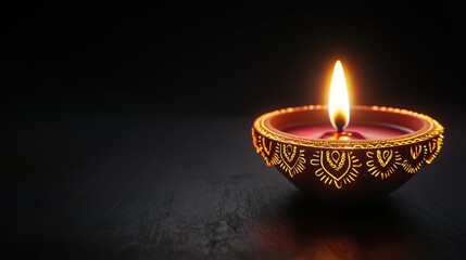 A Diya lamp lit for Diwali, the Hindu festival of lights, set against a black background with ample copy space..
