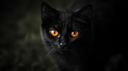Fototapeta premium A black cat with shiny eyes stalks in the darkness. It's a hunter, ready for Halloween. The cat stares directly at the camera.