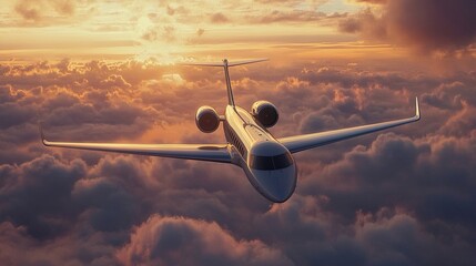 Luxury Jet Flying Above Colorful Sunset Clouds