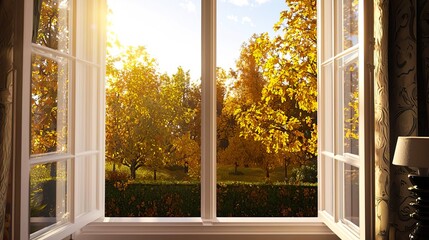 A fall season scene viewed through two closed white wooden windows, with trees adorned in autumn leaves..