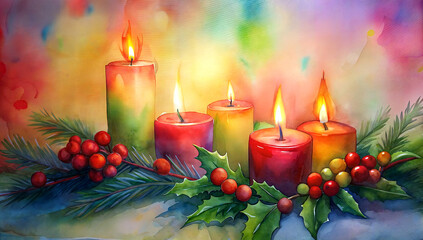 christmas decoration with candles, colorful candles with holly and pine in festive holiday scene, New Year's
