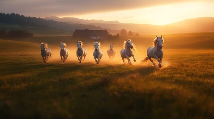 Seven white horses charge majestically across a misty landscape during sunrise, their manes flowing and hooves splashing through the dew-kissed ground, framed by mountains © Elmira