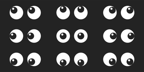 Cartoon and comic style eyes illustration isolated collection set on black. Vector icons in flat style