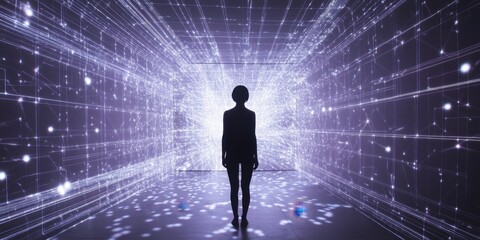 a woman walking through a tunnel of light