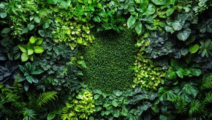Fototapeta premium A lush, green living wall with various plants and moss, creating an eco-friendly background 