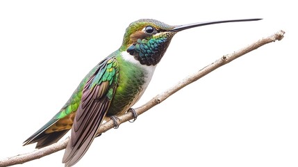 Fototapeta premium Sword-billed Hummingbird Perched on a Branch on a White Background, Photo Realistic, Wallpaper, Cover and Screen for Smartphone, PC, Laptop, 9:16 and 16:9 Format