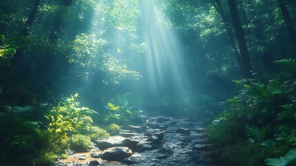 Sunlight beams through the canopy of a lush rainforest, illuminating a rocky stream.