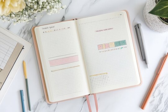 A minimalist bullet journal spread with clean lines and soft pastel colors, showing tasks, goals, and a mood tracker, perfect for planning and organizing while expressing creativity