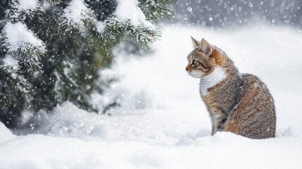 A cat sits in the snow during a blizzard, near a fir tree. The cat is covered in snow.
