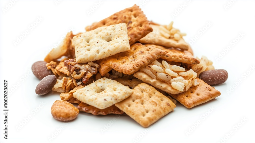 Aufkleber a heap of assorted crackers, nuts, and snack mix arranged on a white background for a delicious trea