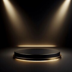 Custom 1.  Black and Gold Minimalist Stage, Stage Design for Presentation, Sleek and Modern Platform, Product Display Design, Creative Lighting on a Black Background