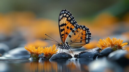 Obraz premium A beautiful orange and black butterfly with white spots perches on a rock with yellow flowers near a still pond.