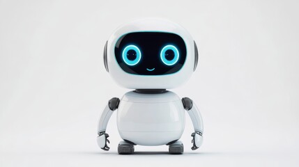 A charming, white robot with a screen face and blue eyes. It's a friendly, rounded assistant, designed in 3D and isolated against a white background.