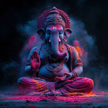 Holi Ganesha: Illustration of Lord Ganesha amidst colorful dust splash on black background