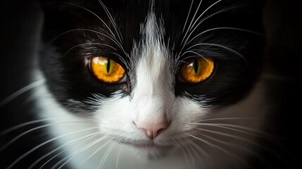 A close-up photo of a black and white cat staring directly at the camera. The cat is a house cat and looks beautiful.