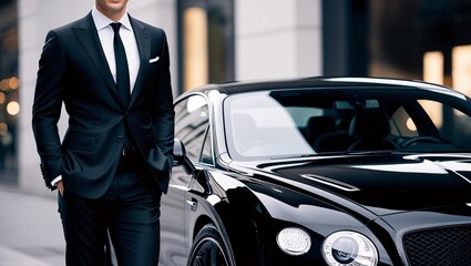 Professional Photograph of a Well-Dressed Man in a Tailored Black Suit Next to a Sleek Black Luxury Car, Set in a Blurred Urban Background, Emphasizing Sophistication and Upscale Lifestyle
