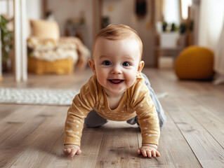 Joyful baby crawling on wooden floor in a cozy, sunlit living room