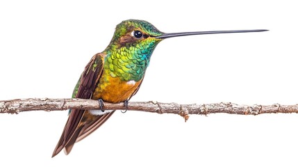 Fototapeta premium Sword-billed Hummingbird Perched on a Branch on a White Background, Photo Realistic, Wallpaper, Cover and Screen for Smartphone, PC, Laptop, 9:16 and 16:9 Format