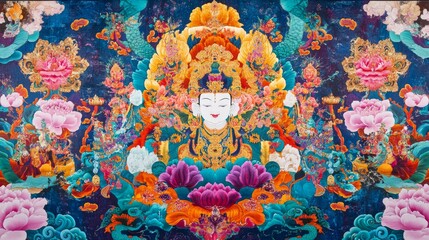 A sacred Tibetan thangka painting, depicting deities and religious scenes with intricate detail and vibrant colors