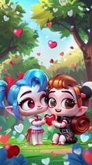 Naklejka premium Adorable cartoon characters sharing heartfelt moment in lush forest