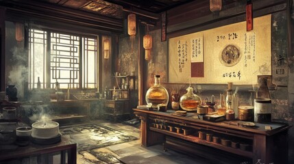 A traditional Chinese alchemist's laboratory, with ancient scrolls, strange ingredients, and mystical symbols,