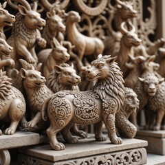 Intricately carved wooden animal figurines displayed together with fine details and copy space