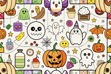 A set of black and white Halloween doodles highlighted on a white background, for coloring pages, prints, decoration of postcards and posters, stickers, sublimation, etc.