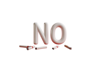 The word “NO” spelled out using broken cigarettes on a red background.   PNG transparent.