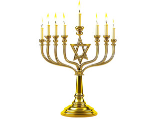 Fototapeta premium A golden menorah with lit candles, featuring the Star of David at the base, white background. PNG transparent.