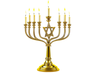 A golden menorah with lit candles, featuring the Star of David at the base, white background.   PNG transparent.