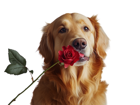 Dog holding a red rose in its mouth, white background, romantic and sweet expression.   PNG transparent.