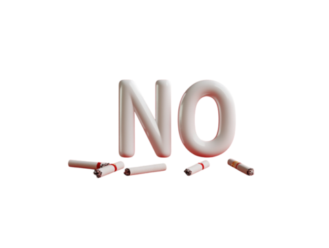 The word “NO” spelled out using broken cigarettes on a red background.   PNG transparent.
