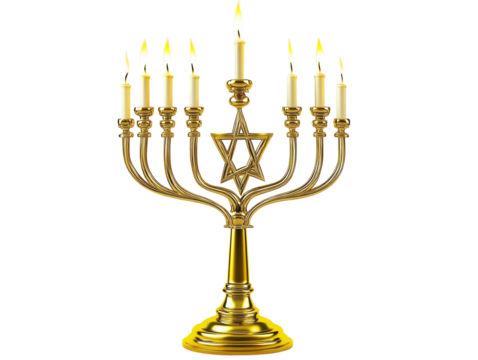 A golden menorah with lit candles, featuring the Star of David at the base, white background.   PNG transparent.