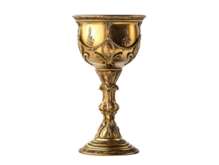 An antique golden chalice with a rustic look, isolated on a white background.   PNG transparent.