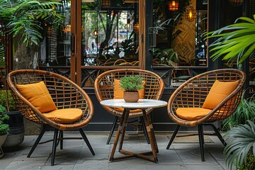Obraz premium Cozy Outdoor Rattan Seating Area with Greenery