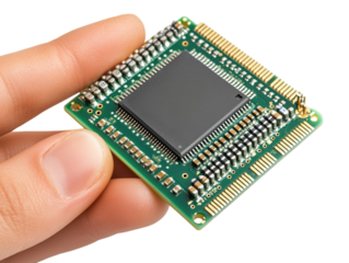 Hand holding a microchip, showcasing modern technology and innovation, white background.   PNG transparent.