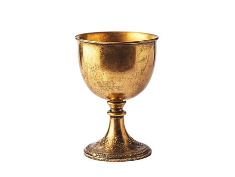An antique golden chalice with a rustic look, isolated on a white background.   PNG transparent.