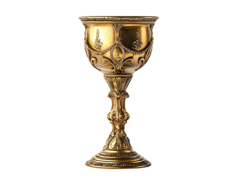 An antique golden chalice with a rustic look, isolated on a white background.   PNG transparent.