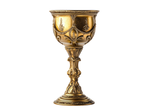 An antique golden chalice with a rustic look, isolated on a white background.   PNG transparent.