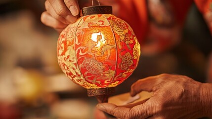 An artisan handcrafting a traditional Chinese paper lantern, with detailed close-ups of the intricate designs,