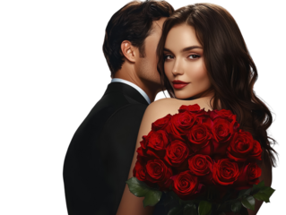 Man kissing a woman on the cheek while she holds a bouquet of red roses, romantic setting.   PNG transparent.