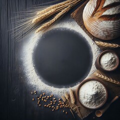 Custom 1. Baking Bread With Flour and Wheat Sprouts on a Dark Wood Background