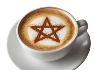 Cup of coffee with a Star of David design made with cinnamon on the foam.   PNG transparent.