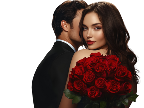Man kissing a woman on the cheek while she holds a bouquet of red roses, romantic setting.   PNG transparent.