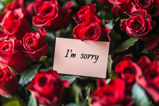 Inscription sorry card, calligraphy invitation card, Red roses in a bouquet with a blank gift card, top view